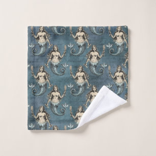 Mermaid Sea Creatures Ocean Blue Color Handwritten Wash Cloth