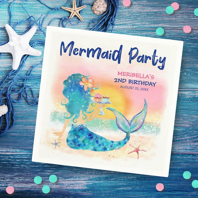Mermaid Sea Cupcake Tropical Beach Girl's Birthday Napkins (Creator Uploaded)