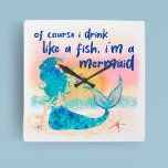 Mermaid Sea | Drink Like A Fish Tropical Beach Square Wall Clock<br><div class="desc">Add a little bit of tropical humor to your home with this fun and whimsical Mermaid Sea Drink Like a Fish wall clock. The perfect addition to any tiki bar or beach-themed room, this clock will bring a touch of coastal fun to your decor. Featuring a mermaid on the beach...</div>