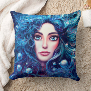 Mermaid Sea Goddess Nymph Siren Blue Underwater Throw Pillow