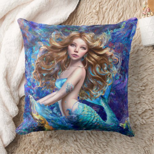 Mermaid Sea Goddess Nymph Siren Under Water Art Throw Pillow