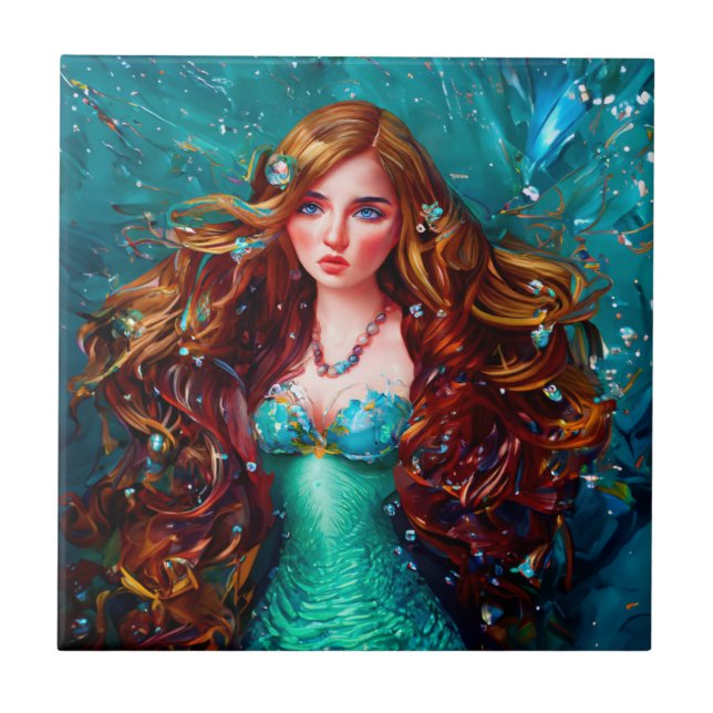 Mermaid Sea Goddess Nymph Siren Underwater Art Ceramic Tile (Front)