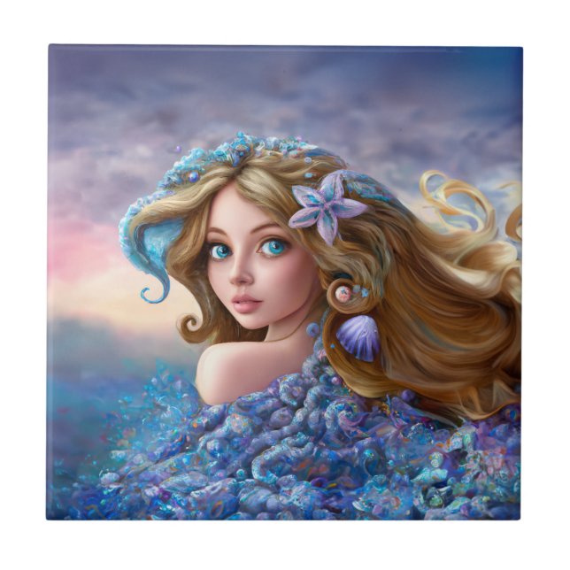 Mermaid Sea Goddess Nymph Siren Underwater Art Ceramic Tile (Front)