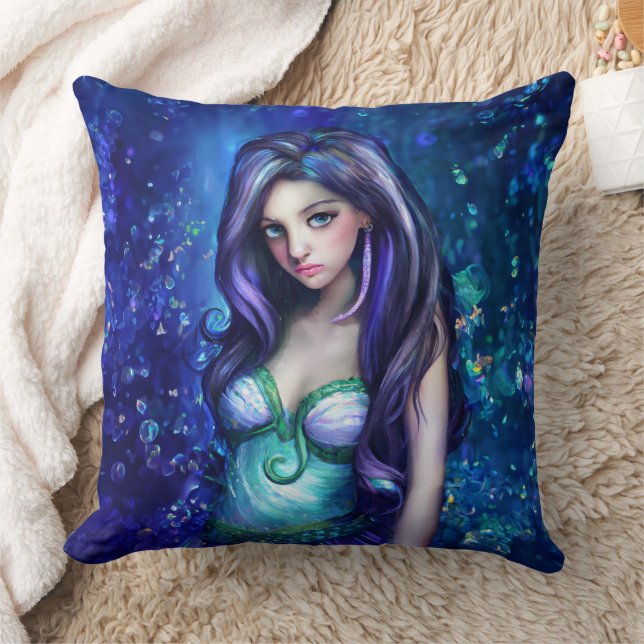 Mermaid Sea Goddess Nymph Siren Underwater Art Throw Pillow (Blanket)