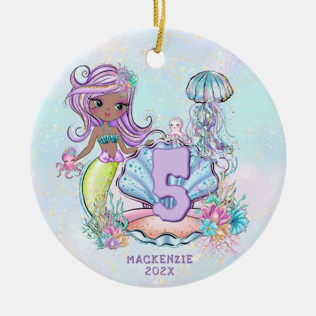 Mermaid Sea Life | Birthday Party with Custom Age Ceramic Ornament (Front)