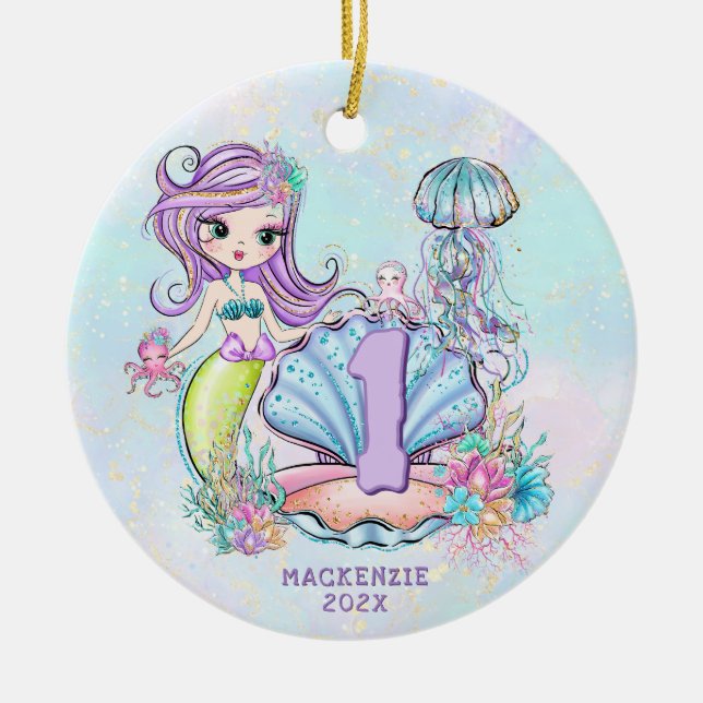Mermaid Sea Life | Birthday Party with Custom Age Ceramic Ornament (Front)