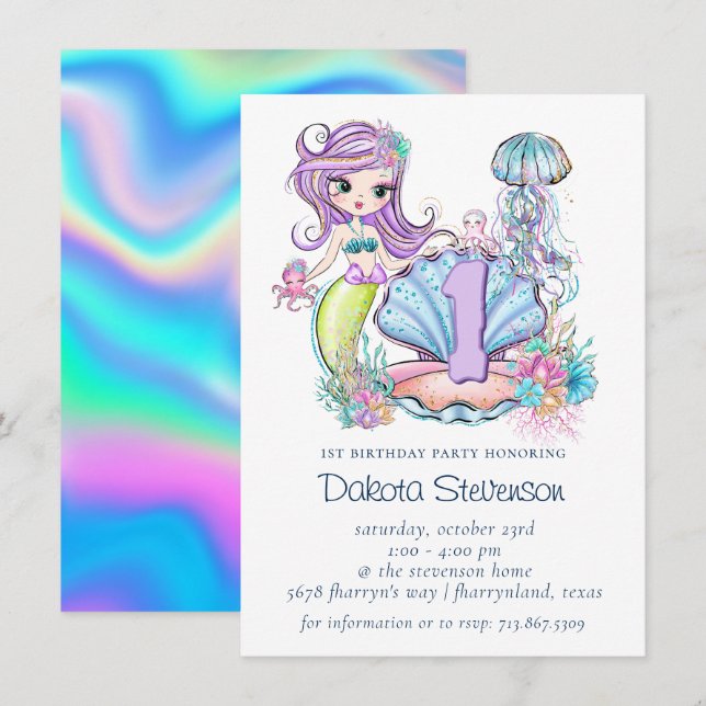 Mermaid Sea Life | Birthday Party with Custom Age Invitation (Front/Back)