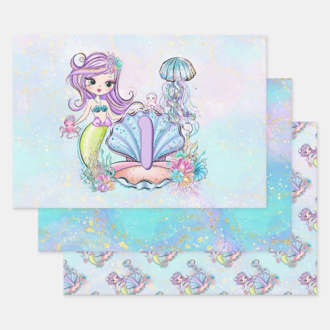 Mermaid Sea Life | Birthday Party with Custom Age Wrapping Paper Sheets (Set)