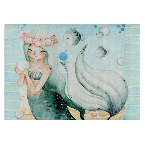 Mermaid Sea Life Fish Shells Watercolor Cutting Board