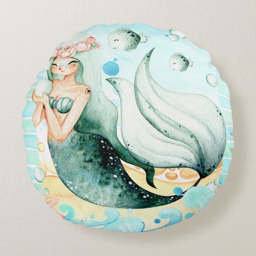 Mermaid Sea Life Shells Watercolor Round Pillow 