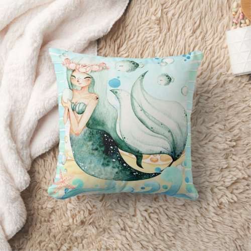 Mermaid Sea Life Shells Watercolor Throw Pillow