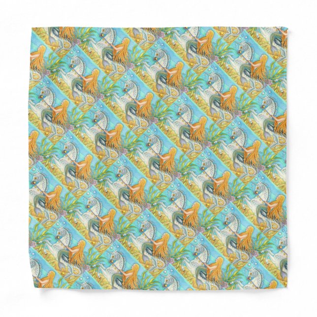 MERMAID & SEA STALLION, WHIMSICAL FANTASY UNICORN BANDANA (Front)