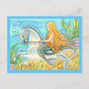 MERMAID & SEA STALLION, WHIMSICAL FANTASY UNICORN POSTCARD