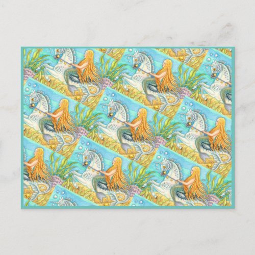 MERMAID & SEA STALLION, WHIMSICAL FANTASY UNICORN POSTCARD