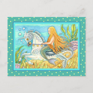MERMAID & SEA STALLION, WHIMSICAL FANTASY UNICORN POSTCARD