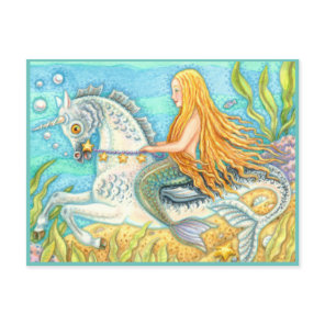 MERMAID & SEA STALLION, WHIMSICAL FANTASY UNICORN POSTCARD
