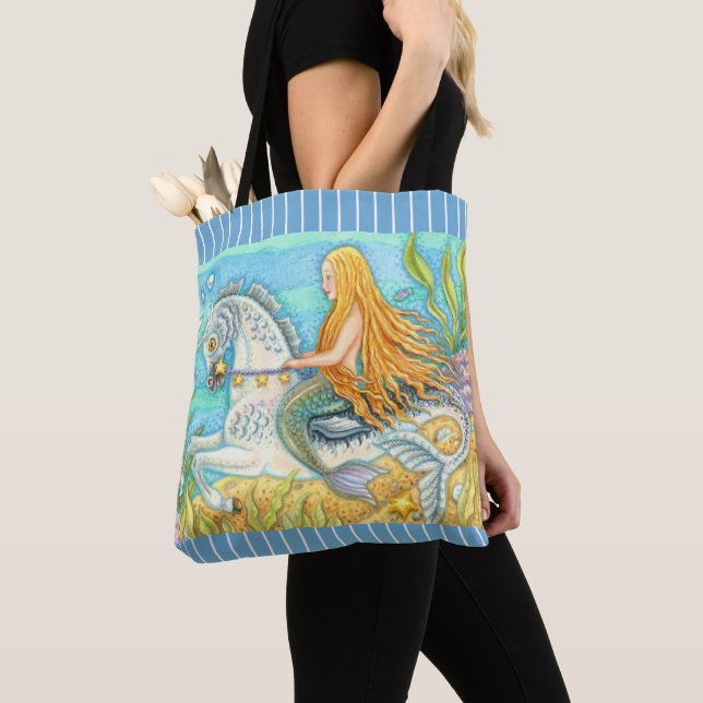 MERMAID & SEA STALLION, WHIMSICAL FANTASY UNICORN TOTE BAG (Close Up)