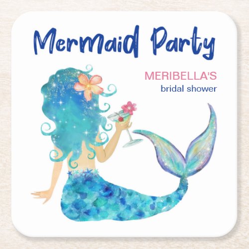 Mermaid Sea  Tropical Beach Theme Bridal Shower Square Paper Coaster