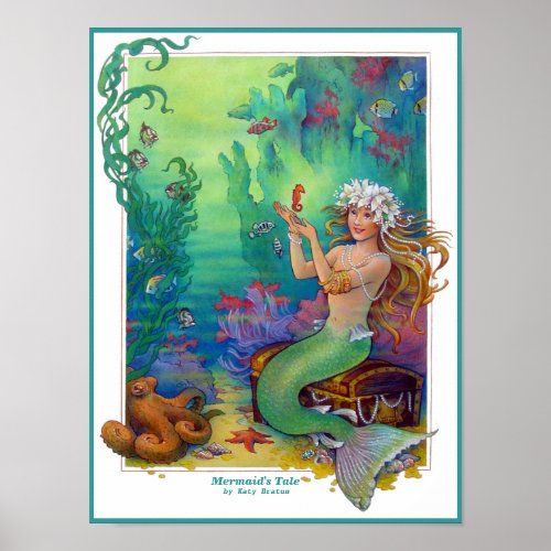 Mermaid Seahorse and Octopus Original Art Poster