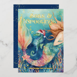 🧜♀️ Mermaid & Seahorse Beach Christmas Foil Holiday Card