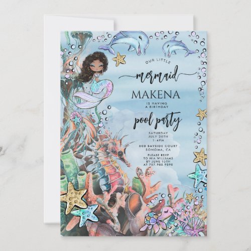 Mermaid Seahorse Pink Blue Birthday Pool Party Invitation