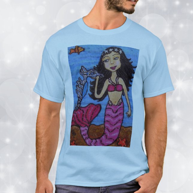 Mermaid & Seahorse Shirt (Mermaid with pink tail with silver seahorse, starfish in ocean on blue tee shirt.)
