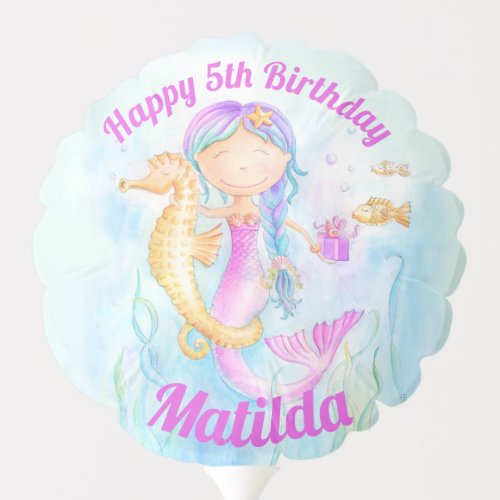Mermaid seahorse watercolor 5th Birthday custom Balloon