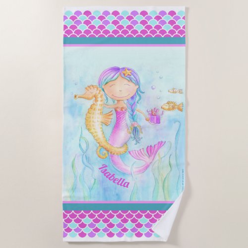 Mermaid seahorse watercolor art custom name beach towel