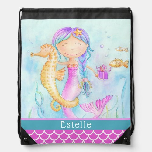 Mermaid seahorse watercolor custom name scales drawstring bag