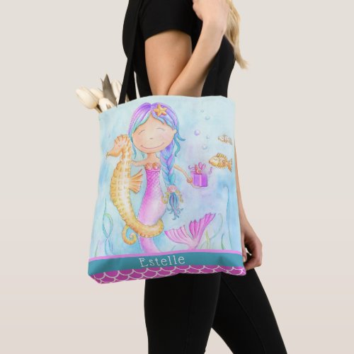 Mermaid seahorse watercolor custom name scales tote bag