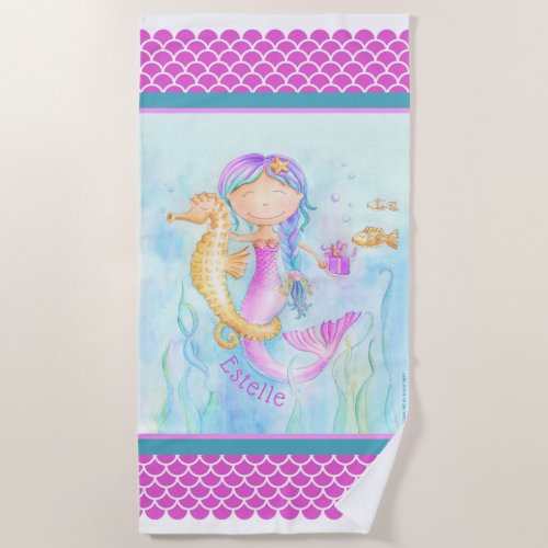 Mermaid seahorse watercolor custom name stripe beach towel