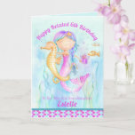 Mermaid seahorse whimsy belated birthday card<br><div class="desc">Personalize this pretty mermaid in the water hugging a seahorse watercolor with your own birthday message,  name and age. Ideal for your granddaughter's belated birthday in pretty shades of aqua,  purple and pink. Original watercolor painting and design by Sarah Trett for www.mylittleeden.com on zazzle.</div>