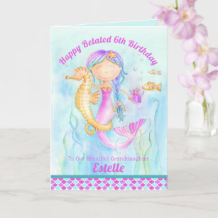 Mermaid seahorse whimsy belated birthday card