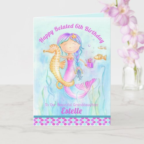 Mermaid seahorse whimsy belated birthday card