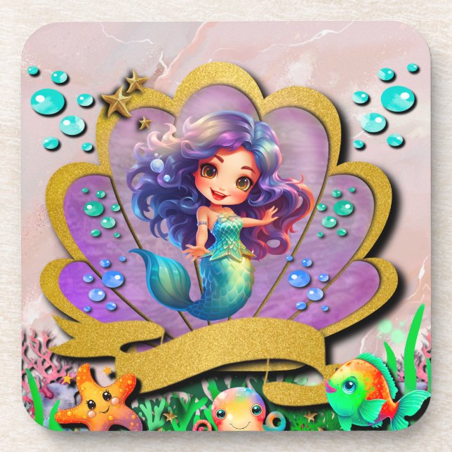 Mermaid, Seashell, Sea Animals Friends, Coral Reef Beverage Coaster (Front)