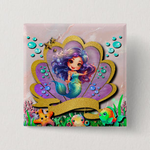 Mermaid, Seashell, Sea Animals Friends, Coral Reef Button