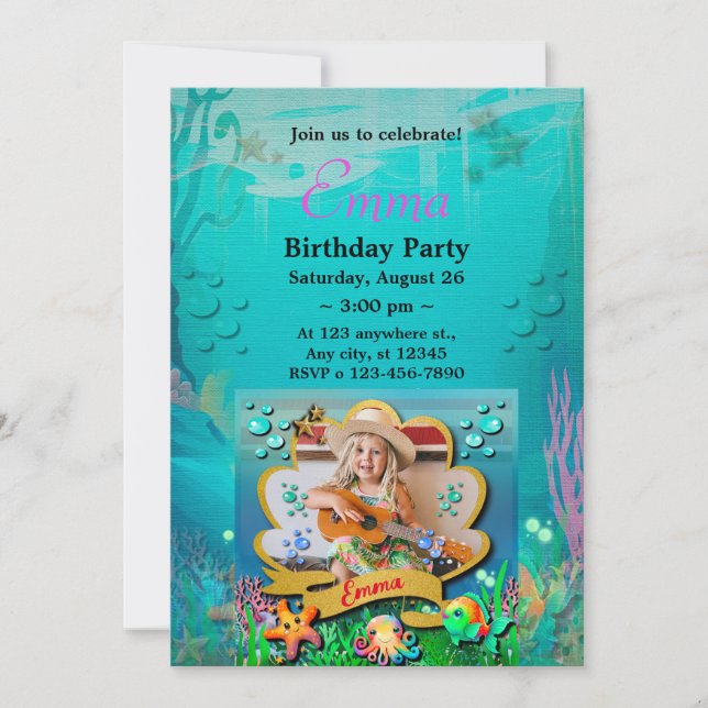Mermaid, Seashell, Sea Animals Friends, Coral Reef Invitation (Front)