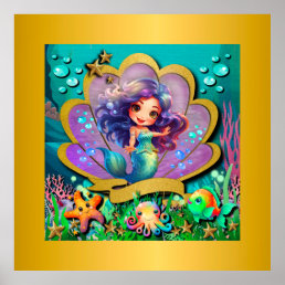 Mermaid, Seashell, Sea Animals Friends, Coral Reef Poster