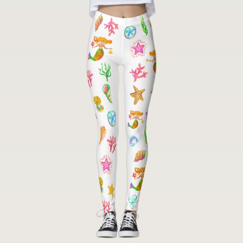 Mermaid & Seashells Beach Vibe White Leggings