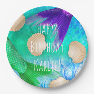 Mermaid Seashells Tails & Scales in Teal Purple Paper Plates
