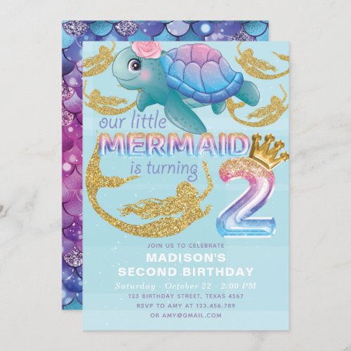 Mermaid Second Birthday Pink Blue Gold Glitter Invitation