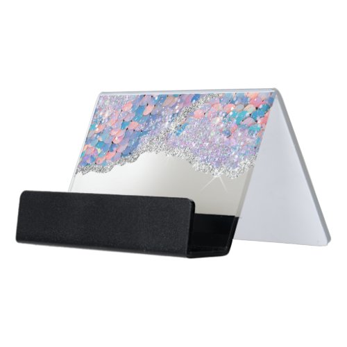 Mermaid sequin faux foil desk business card holder