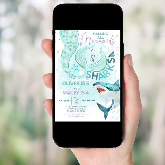 Mermaid Shark Birthday Invitation Joint Birthday (Front Digital)