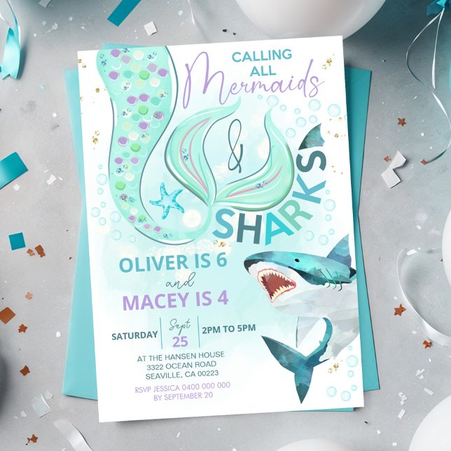 Mermaid Shark Birthday Invitation Joint Birthday (Mermaid Shark Birthday Invitation. Joint boy girl birthday invitation)