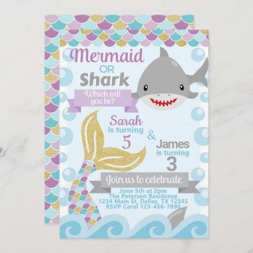 Mermaid Shark Birthday Party Invitation Invite