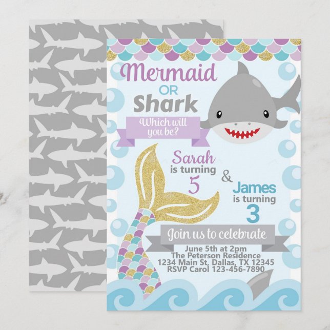 Mermaid Shark Birthday Party Invitation Invite (Front/Back)