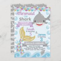 Mermaid Shark Birthday Party Invitation Invite