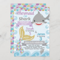 Mermaid Shark Birthday Party Invitation Invite