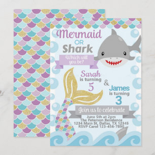 Mermaid Shark Birthday Party Invitation Invite