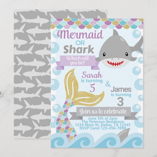 Mermaid Shark Birthday Party Invitation Invite (Front/Back)